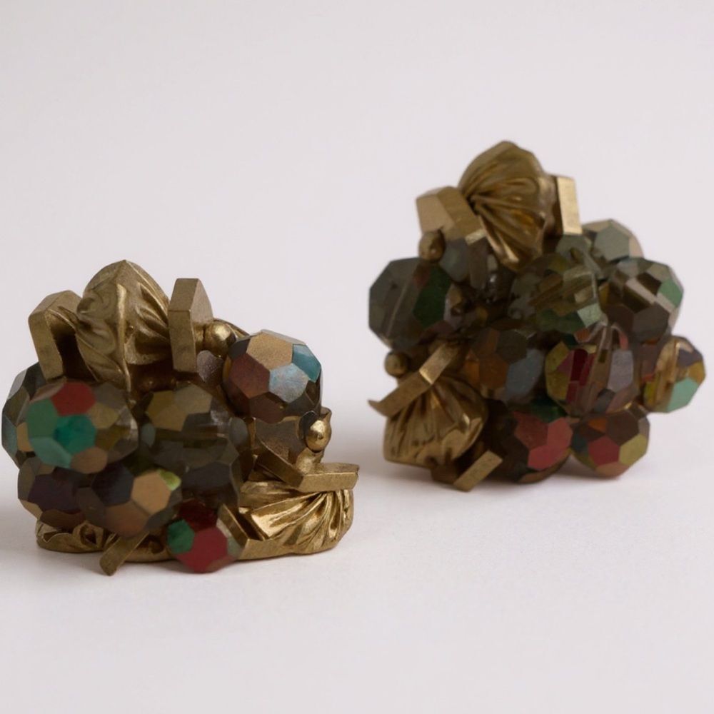 Vintage Endome AB Glass Cluster Clip-On Earrings, Gold-Tone, Mid-Century